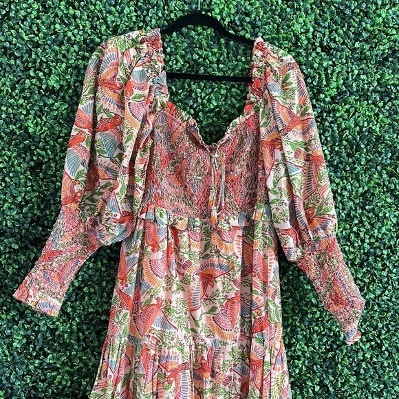 NWT Smocked Top Midi Dress In Pink Macaw Flight - Picture 3 of 8